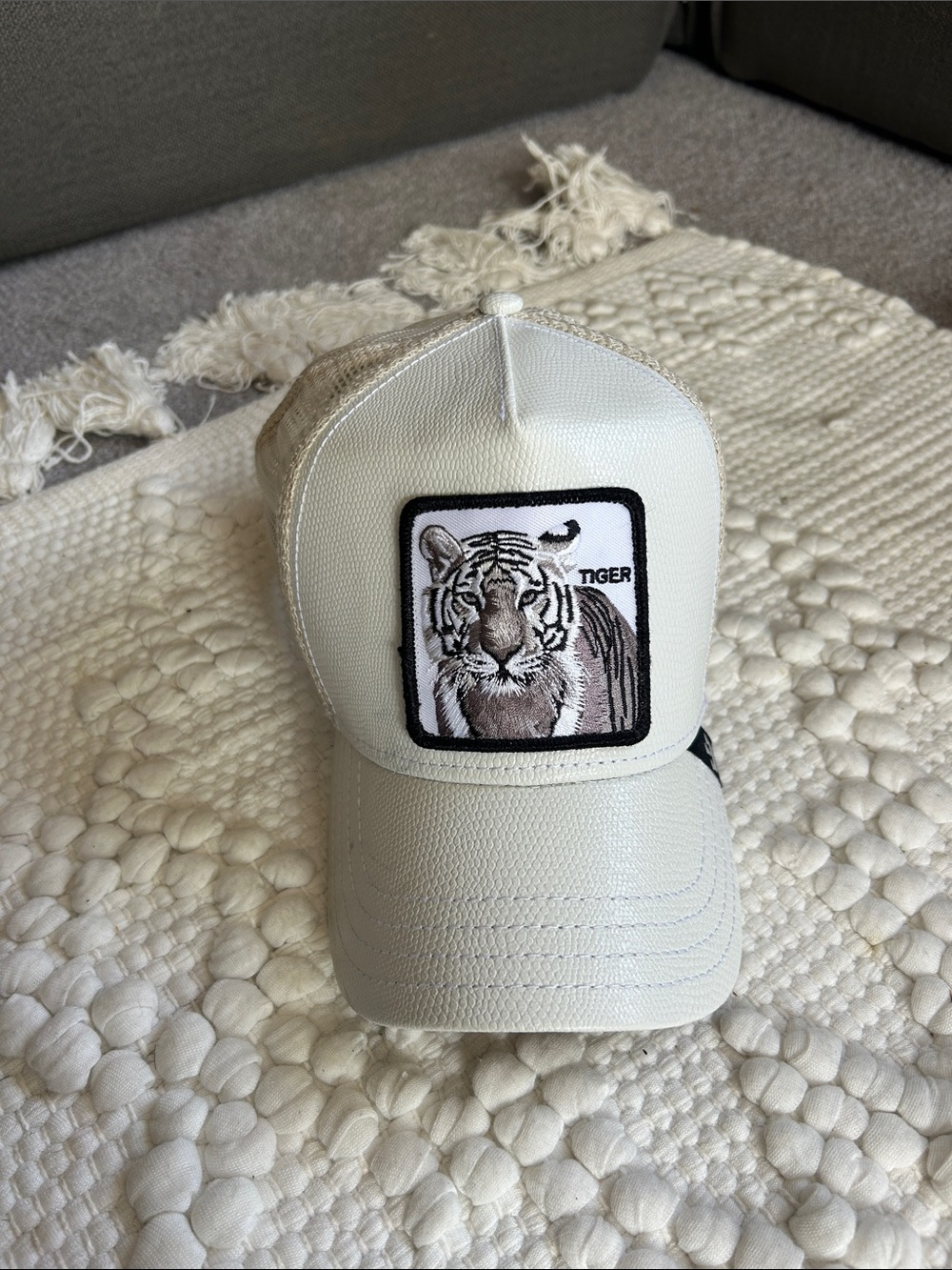 White Trucker Hat with Tiger Patch